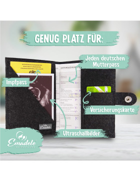 Emadele Mutterpass Stoffhülle Herz-Fuß dunkelgrau